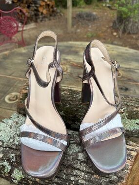 H by Halston Iridescent Metallic Bronze-Pewter Block Heel Sandals